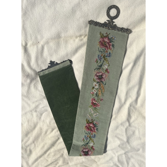 Tapestry Floral Wool Needlepoint Bell Pull Wall Hanging 66x9 Brass Hardware VTG - Picture 2 of 16